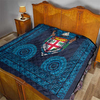 Fiji Coat of Arms Traditional Dashiki Quilt Tapa Art and Palm Leaves Pattern Dark Navy Color - Polynesian Pride