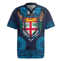 Fiji Coat of Arms Traditional Dashiki Rugby Jersey Tapa Art and Palm Leaves Pattern Dark Navy Color - Polynesian Pride
