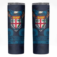 Fiji Coat of Arms Traditional Dashiki Skinny Tumbler Tapa Art and Palm Leaves Pattern Dark Navy Color - Polynesian Pride