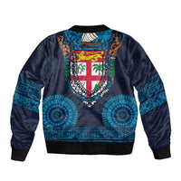 Fiji Coat of Arms Traditional Dashiki Sleeve Zip Bomber Jacket Tapa Art and Palm Leaves Pattern Dark Navy Color - Polynesian Pride
