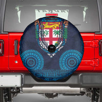 Fiji Coat of Arms Traditional Dashiki Spare Tire Cover Tapa Art and Palm Leaves Pattern Dark Navy Color - Polynesian Pride