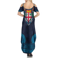 Fiji Coat of Arms Traditional Dashiki Summer Maxi Dress Tapa Art and Palm Leaves Pattern Dark Navy Color - Polynesian Pride