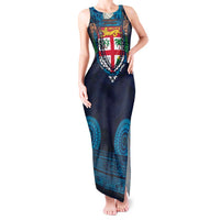 Fiji Coat of Arms Traditional Dashiki Tank Maxi Dress Tapa Art and Palm Leaves Pattern Dark Navy Color - Polynesian Pride