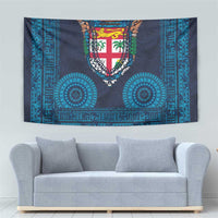 Fiji Coat of Arms Traditional Dashiki Tapestry Tapa Art and Palm Leaves Pattern Dark Navy Color - Polynesian Pride