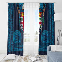 Fiji Coat of Arms Traditional Dashiki Window Curtain Tapa Art and Palm Leaves Pattern Dark Navy Color - Polynesian Pride