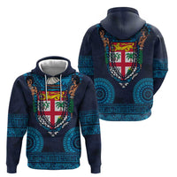 Fiji Coat of Arms Traditional Dashiki Zip Hoodie Tapa Art and Palm Leaves Pattern Dark Navy Color - Polynesian Pride