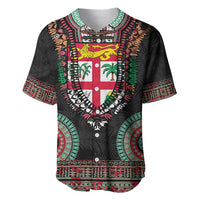 Fiji Coat of Arms Traditional Dashiki Baseball Jersey Tapa Art and Palm Leaves Pattern Black Color - Polynesian Pride