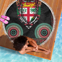 Fiji Coat of Arms Traditional Dashiki Beach Blanket Tapa Art and Palm Leaves Pattern Black Color - Polynesian Pride