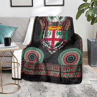 Fiji Coat of Arms Traditional Dashiki Blanket Tapa Art and Palm Leaves Pattern Black Color - Polynesian Pride