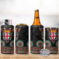 Fiji Coat of Arms Traditional Dashiki 4 in 1 Can Cooler Tumbler Tapa Art and Palm Leaves Pattern Black Color - Polynesian Pride