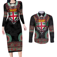 Fiji Coat of Arms Traditional Dashiki Couples Matching Long Sleeve Bodycon Dress and Long Sleeve Button Shirt Tapa Art and Palm Leaves Pattern Black Color - Polynesian Pride