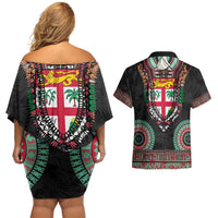 Fiji Coat of Arms Traditional Dashiki Couples Matching Off Shoulder Short Dress and Hawaiian Shirt Tapa Art and Palm Leaves Pattern Black Color - Polynesian Pride