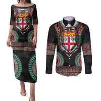 Fiji Coat of Arms Traditional Dashiki Couples Matching Puletasi and Long Sleeve Button Shirt Tapa Art and Palm Leaves Pattern Black Color - Polynesian Pride