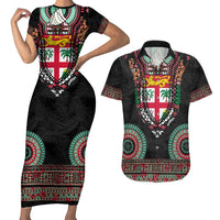 Fiji Coat of Arms Traditional Dashiki Couples Matching Short Sleeve Bodycon Dress and Hawaiian Shirt Tapa Art and Palm Leaves Pattern Black Color - Polynesian Pride