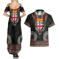 Fiji Coat of Arms Traditional Dashiki Couples Matching Summer Maxi Dress and Hawaiian Shirt Tapa Art and Palm Leaves Pattern Black Color - Polynesian Pride