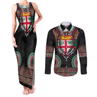 Fiji Coat of Arms Traditional Dashiki Couples Matching Tank Maxi Dress and Long Sleeve Button Shirt Tapa Art and Palm Leaves Pattern Black Color - Polynesian Pride