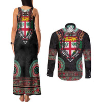 Fiji Coat of Arms Traditional Dashiki Couples Matching Tank Maxi Dress and Long Sleeve Button Shirt Tapa Art and Palm Leaves Pattern Black Color - Polynesian Pride