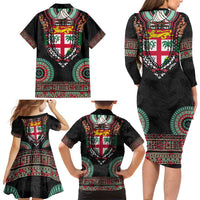 Fiji Coat of Arms Traditional Dashiki Family Matching Long Sleeve Bodycon Dress and Hawaiian Shirt Tapa Art and Palm Leaves Pattern Black Color - Polynesian Pride
