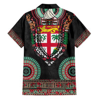 Fiji Coat of Arms Traditional Dashiki Family Matching Long Sleeve Bodycon Dress and Hawaiian Shirt Tapa Art and Palm Leaves Pattern Black Color - Polynesian Pride