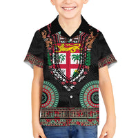 Fiji Coat of Arms Traditional Dashiki Family Matching Long Sleeve Bodycon Dress and Hawaiian Shirt Tapa Art and Palm Leaves Pattern Black Color - Polynesian Pride