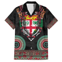 Fiji Coat of Arms Traditional Dashiki Family Matching Puletasi and Hawaiian Shirt Tapa Art and Palm Leaves Pattern Black Color - Polynesian Pride