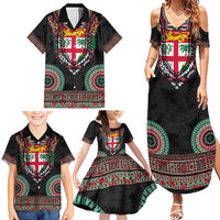 Fiji Coat of Arms Traditional Dashiki Family Matching Summer Maxi Dress and Hawaiian Shirt Tapa Art and Palm Leaves Pattern Black Color - Polynesian Pride