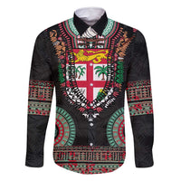 Fiji Coat of Arms Traditional Dashiki Family Matching Summer Maxi Dress and Hawaiian Shirt Tapa Art and Palm Leaves Pattern Black Color - Polynesian Pride