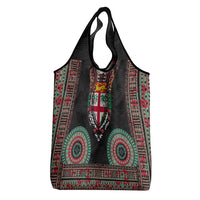 Fiji Coat of Arms Traditional Dashiki Grocery Bag Tapa Art and Palm Leaves Pattern Black Color - Polynesian Pride