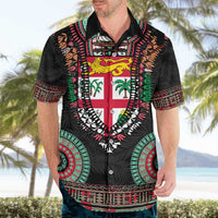 Fiji Coat of Arms Traditional Dashiki Hawaiian Shirt Tapa Art and Palm Leaves Pattern Black Color - Polynesian Pride