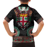 Fiji Coat of Arms Traditional Dashiki Kid Hawaiian Shirt Tapa Art and Palm Leaves Pattern Black Color - Polynesian Pride