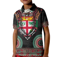Fiji Coat of Arms Traditional Dashiki Kid Polo Shirt Tapa Art and Palm Leaves Pattern Black Color - Polynesian Pride