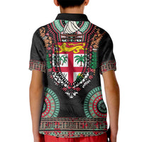 Fiji Coat of Arms Traditional Dashiki Kid Polo Shirt Tapa Art and Palm Leaves Pattern Black Color - Polynesian Pride