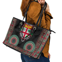 Fiji Coat of Arms Traditional Dashiki Leather Tote Bag Tapa Art and Palm Leaves Pattern Black Color - Polynesian Pride