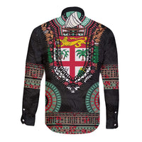 Fiji Coat of Arms Traditional Dashiki Long Sleeve Button Shirt Tapa Art and Palm Leaves Pattern Black Color - Polynesian Pride