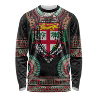 Fiji Coat of Arms Traditional Dashiki Long Sleeve Shirt Tapa Art and Palm Leaves Pattern Black Color - Polynesian Pride