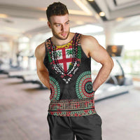 Fiji Coat of Arms Traditional Dashiki Men Tank Top Tapa Art and Palm Leaves Pattern Black Color - Polynesian Pride