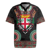 Fiji Coat of Arms Traditional Dashiki Rugby Jersey Tapa Art and Palm Leaves Pattern Black Color - Polynesian Pride