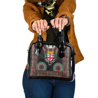 Fiji Coat of Arms Traditional Dashiki Shoulder Handbag Tapa Art and Palm Leaves Pattern Black Color - Polynesian Pride