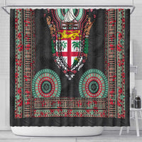 Fiji Coat of Arms Traditional Dashiki Shower Curtain Tapa Art and Palm Leaves Pattern Black Color - Polynesian Pride