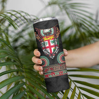 Fiji Coat of Arms Traditional Dashiki Skinny Tumbler Tapa Art and Palm Leaves Pattern Black Color - Polynesian Pride