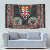Fiji Coat of Arms Traditional Dashiki Tapestry Tapa Art and Palm Leaves Pattern Black Color - Polynesian Pride