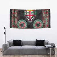 Fiji Coat of Arms Traditional Dashiki Tapestry Tapa Art and Palm Leaves Pattern Black Color - Polynesian Pride