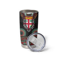Fiji Coat of Arms Traditional Dashiki Tumbler Cup Tapa Art and Palm Leaves Pattern Black Color - Polynesian Pride