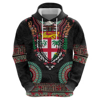 Fiji Coat of Arms Traditional Dashiki Zip Hoodie Tapa Art and Palm Leaves Pattern Black Color - Polynesian Pride