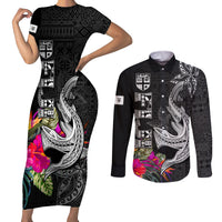 Polynesian Fiji Couples Matching Short Sleeve Bodycon Dress and Long Sleeve Button Shirts Shark and Hibiscus Tapa Pattern Version LT03 White - Polynesian Pride