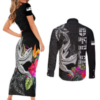 Polynesian Fiji Couples Matching Short Sleeve Bodycon Dress and Long Sleeve Button Shirts Shark and Hibiscus Tapa Pattern Version LT03 - Polynesian Pride
