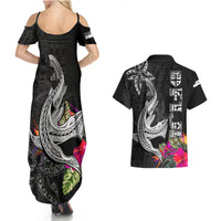 Polynesian Fiji Couples Matching Summer Maxi Dress and Hawaiian Shirt Shark and Hibiscus Tapa Pattern Version LT03 - Polynesian Pride