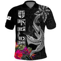 Polynesian Fiji Polo Shirt Shark and Hibiscus Tapa Pattern Version LT03 White - Polynesian Pride