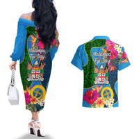 Malampa Fiji Day Couples Matching Off The Shoulder Long Sleeve Dress and Hawaiian Shirt Tropical Plants Mix Polynesian and Tapa Pattern LT03 - Polynesian Pride