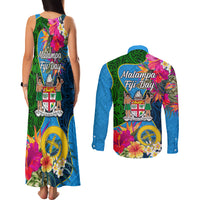 Malampa Fiji Day Couples Matching Tank Maxi Dress and Long Sleeve Button Shirts Tropical Plants Mix Polynesian and Tapa Pattern LT03 - Polynesian Pride